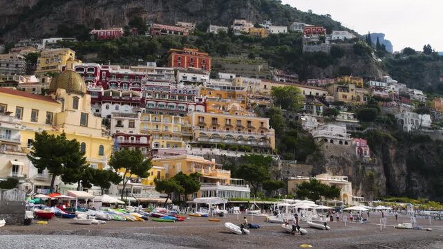 Spiaggia Grande Beach and architecture of Positano on Amalfi Coast, Italy
