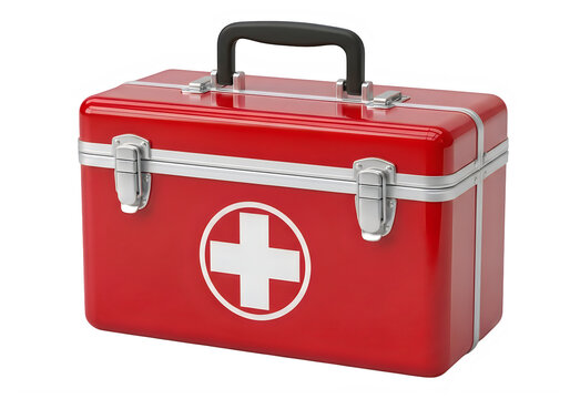 A red first aid kit with a white cross isolated on transparent background, png