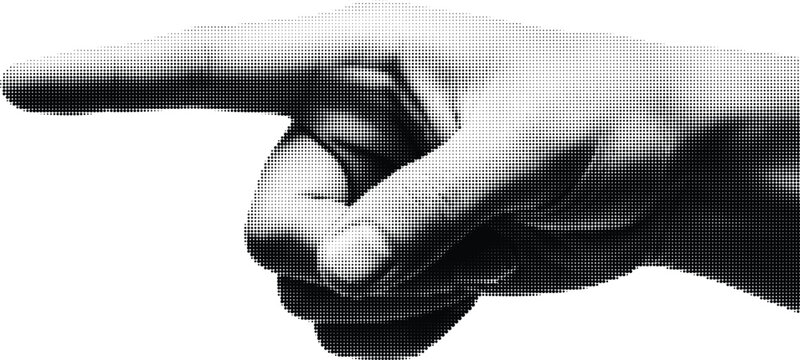Index finger of hand pointing or touching something in left direction, isolated on transparent background.
