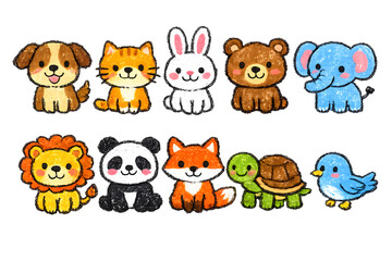 Naklejka premium Cute Animal Friends: a delightful cartoon arrangement of charming animal characters, each exuding warmth and personality, ready to bring joy to any project. 
