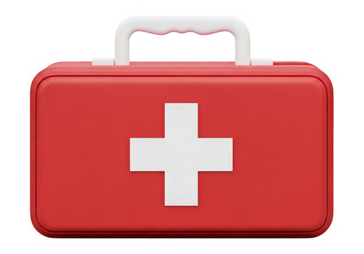 A red first aid kit with a white cross isolated on transparent background, png