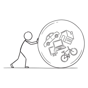 Minimalist Stick Figure Pushing Transparent Sphere with Common Belongings