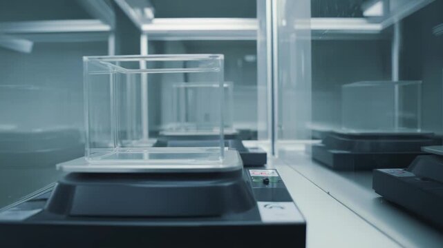 Multiple analytical balances stand inside a controlled environment, reflecting precision and accuracy essential for scientific research, quality control, and advanced technological development