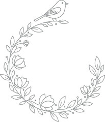 Obraz premium Elegant minimalist line art illustration featuring a delicate bird perched on a graceful floral branch adorned with blooming flowers and fresh leaves, perfect for sophisticated design.