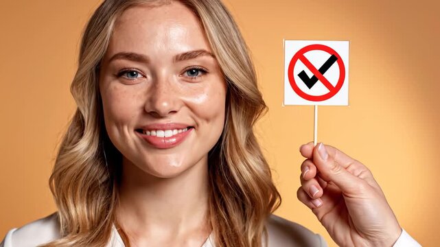 This video shows a woman blowing her nose into a tissue while holding a sign with a checkmark in a red circle on a yellow background, highlighting disease prevention and health awareness.