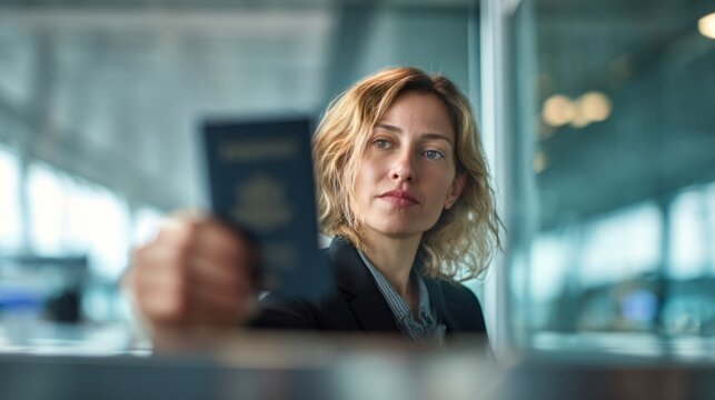 A confident woman holds her passport at an airport. She is dressed in a professional style, ready for travel. The image captures a moment of anticipation and adventure. AI