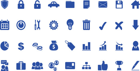 Fototapeta premium Collection of blue business and finance icons representing data security, communication, money, and analytics concepts.