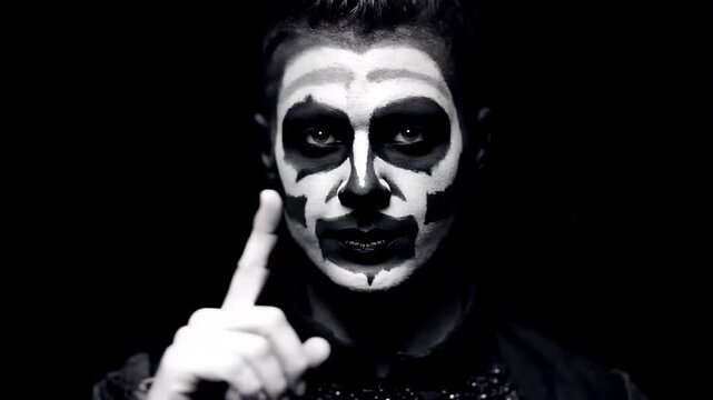 This shows a person with black and white face paint giving a silent gesture in a dark setting. The face paint creates a striking contrast with the dark background, emphasizing the person's expression