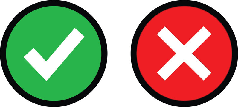 A green check mark and a red cross sign isolated against a plain white background for design Vector