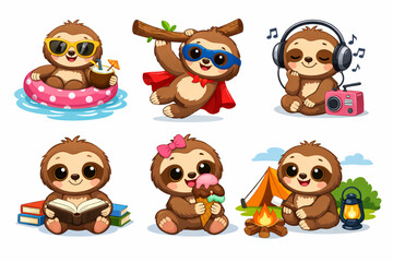 Naklejka premium Cute Baby Sloth Vector Illustration Set with Fun Activities