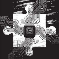 Obraz premium Puzzle piece circuit board with AI chip embedded and black background texture featuring AI, artificial intelligence, microchip with technology and