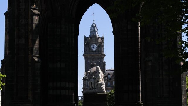Sir Walter Scott Statue and Balmoral Hotel in Edinburgh, Scotland, UK