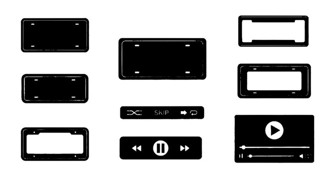 Vector illustration&nbsp;of set of license plate frames and media player control interface icons on a transparent background