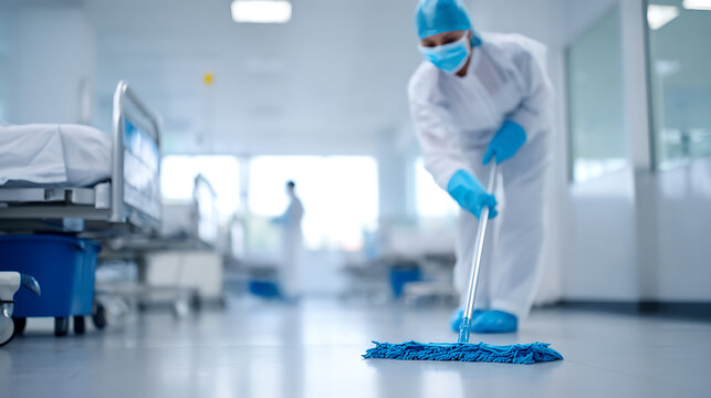Medical Facility Floor Disinfection: Healthcare Worker in Protective Suit Mops Hospital Corridor for Essential Cleanliness and Sterilization