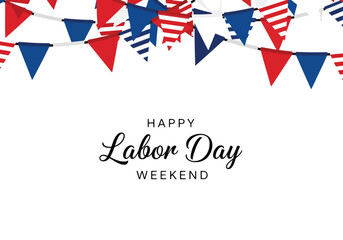 Obraz premium Happy labor day weekend greeting with festive bunting flags in red white and blue colors on white background.