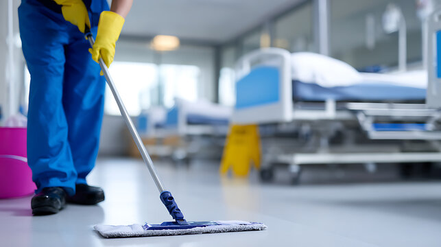 Custodian Mop Floor Maintain Cleanliness Hospital Setting: Essential Hygiene for Patient Safety and Sterile Environment in Medical Facility Corridor