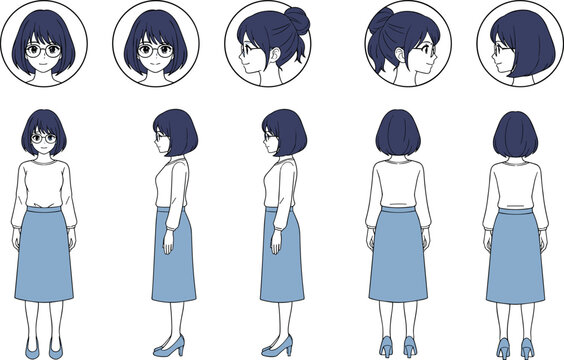 Vector illustration of cartoon character design sheet with multiple angles, hairstyles, and full‑body views for animation reference