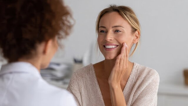 Smiling woman client touches her cheek, showing satisfaction during a dermatology or beauty consultation with a professional.