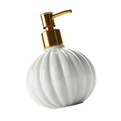 Fototapeta premium Elegant white ceramic soap dispenser with a glossy gold pump head for modern bathroom decoration png