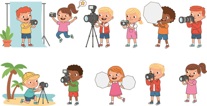 Vector illustration of children practicing photography with cameras, tripods, reflectors and backdrop in cartoon style