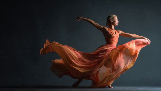 Elegant female dancer in a vibrant, flowing orange dress, captured mid-movement against a dramatic dark studio background, showcasing grace and artistic expression.