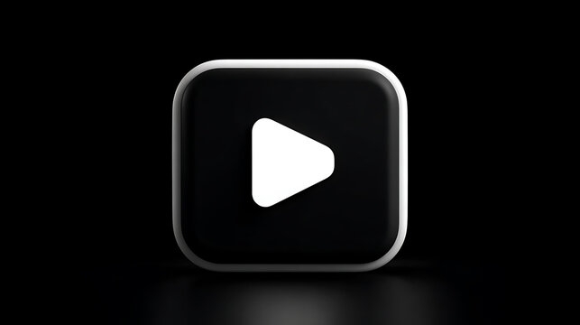 Minimalist black square play button icon with white arrow, featuring rounded corners and subtle reflections, isolated against a dark background