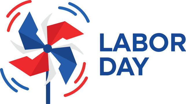 Colorful pinwheel spinning with labor day text for patriotic american holiday celebration showing movement and toy wind turbine on grid background.