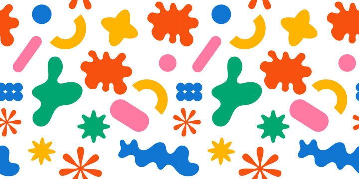 Colorful abstract seamless pattern with playful organic shapes and blobs. Bright Memphis style background for textile, packaging, wallpaper, kids design and modern branding