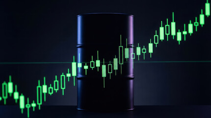 Fototapeta premium Oil barrel with a green candlestick chart overlay, symbolizing rising energy prices and market trends.