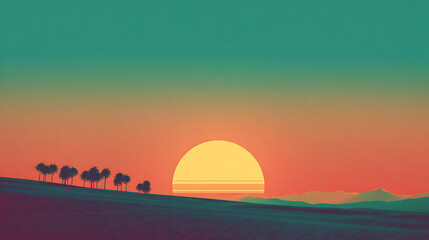 Obraz premium Minimalist Landscape with Abstract Sunset and Silhouetted Trees on a Gentle Hillside, Gradient Sky, Retro Aesthetic, Tranquil Vista