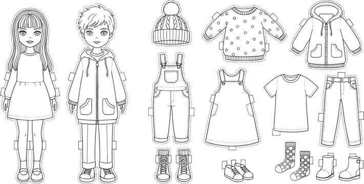 Vector illustration of paper dolls with clothing accessories including dresses, jackets, hats, shoes and mix‑and‑match outfits