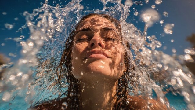Young woman enjoying a refreshing water splash, eyes closed in blissful summer moment under a clear sky.