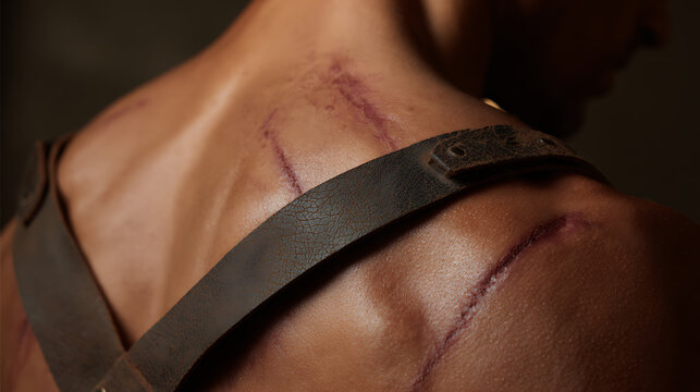 Strong athletic back with scars and leather strap, powerful human body, symbol of resilience and past struggles, close-up, dramatic lighting