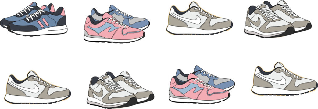 Sneaker Collection Featuring Modern Sport Shoes, Casual Footwear and Stylish Running Trainers Detailed Fashion Vector Illustration Set