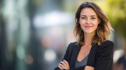 Obraz premium young professional woman confident with blured businessbackground and natural sunlight