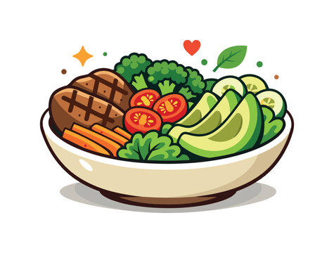 Paleo diet healthy meal bowl filled with grilled meat, fresh vegetables, avocado slices, and herbs arranged in a balanced natural composition. The scene
