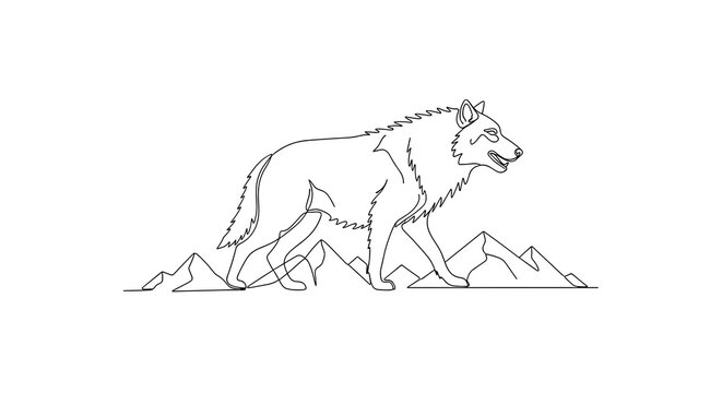 Dire wolf walking in line art style against mountain backdrop  