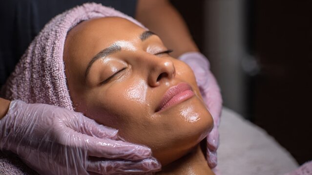 Close-up of a serene woman enjoying a hydrating facial massage at a luxury spa, receiving professional skincare treatment for glowing, healthy skin.