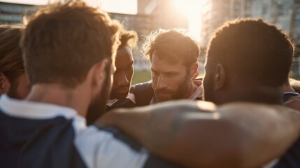 team huddle motivation sports with blured businessbackground and natural sunlight