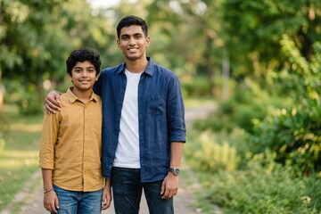 Fototapeta premium Indian Brothers Standing Together Outdoors – Supportive Sibling Bond Lifestyle