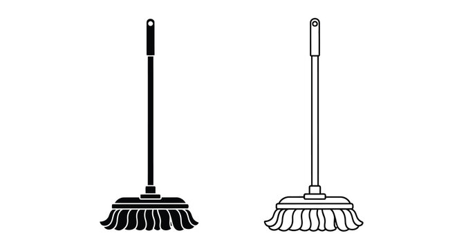 Two black broom and mop outlines against a white background silhouette