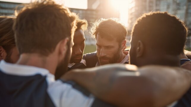 team huddle motivation sports with blured businessbackground and natural sunlight