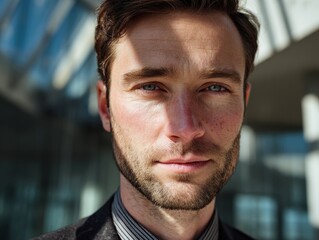 Fototapeta premium business man neutral expression on a blured office background with natural sunlight