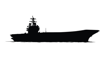 Detailed black silhouette of a modern aircraft carrier at sea © MD