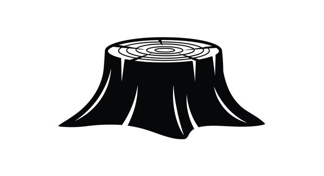 Black tree stump illustration with circular growth rings a bold silhouette