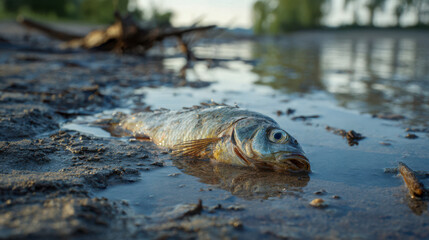 Fototapeta premium Fish lying on riverbank with clear water and trees in background during daytime in natural setting