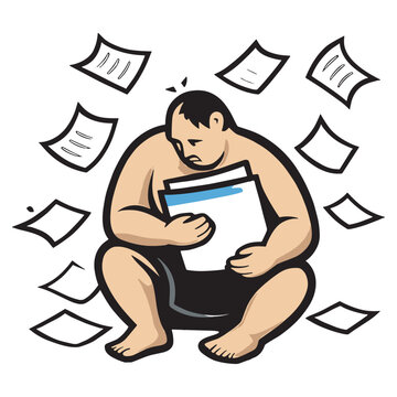 A sumo wrestler overwhelmed by paperwork Vector
