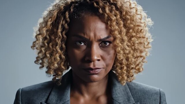 Woman With Curly Hair Expressing Doubt and Suspicion With Intense Stare