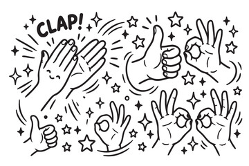 Fototapeta premium Black and white cartoon-style illustration of hands making gestures including clapping with text CLAP, thumbs-up, and OK sign, surrounded by stars, sparkles, and motion lines, expressive design symbol