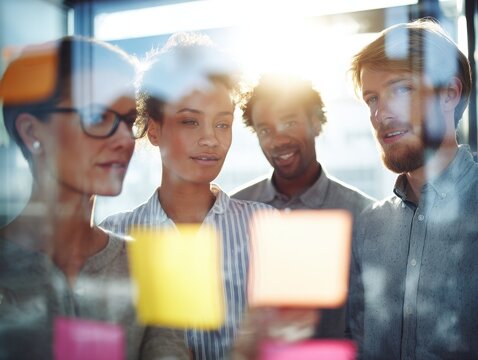 diverse team problem solving on a blured office background with natural sunlight